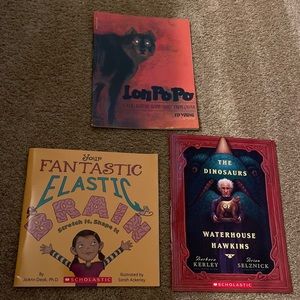 Lot Of 3 Childrens Books Your Fantastic Elastic Brain, Lon Po Po, Dinosaurs, EUC